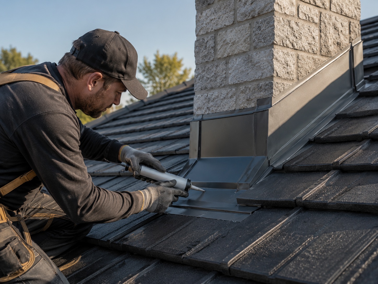 Close-up of roof leak repair and flashing work on Gold Coast tile roof